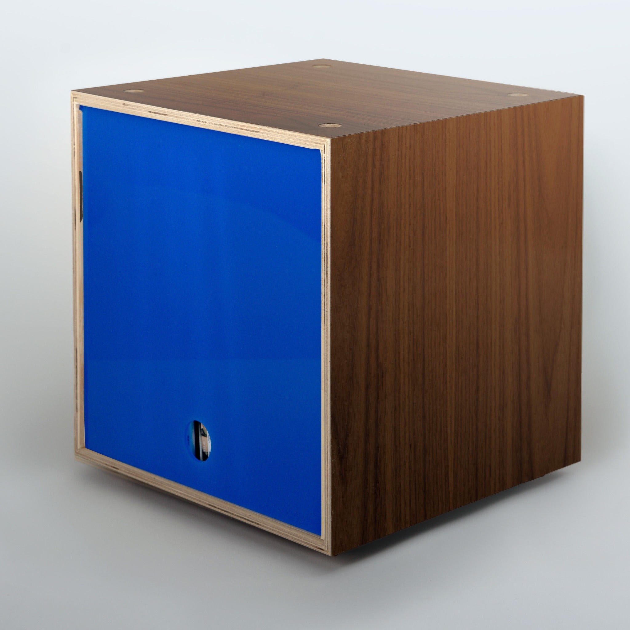 Storage Cube - Walnut with Blue door, Divots top - Simple Wood Goods